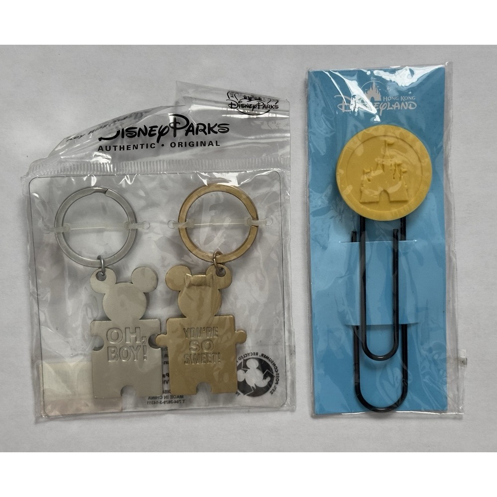 Disney Parks Mickey Minnie Puzzle Keychain Set & HK Disneyland Jumbo Paperclip